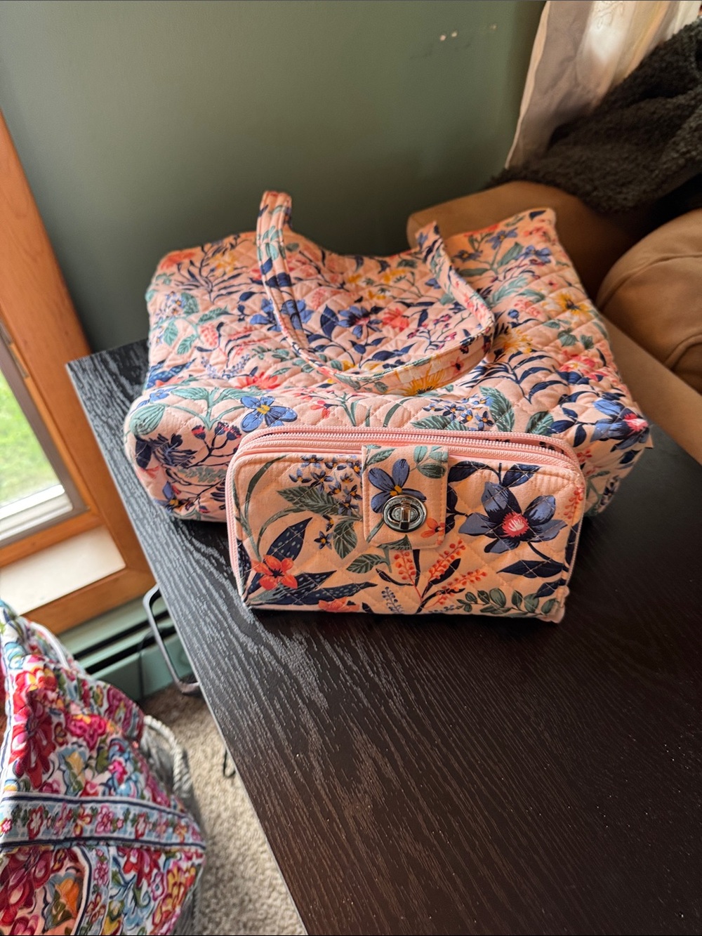 Vera Bradley Quilted Floral Tote in Pink with Multicolor Blooms and Wallet.